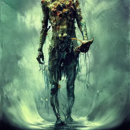 Image similar to mutant fishman sailor old man with gills and scales creatures from the deep ocean by emil melmoth zdzislaw beksinki craig mullins yoji shinkawa realistic render ominous detailed photo atmospheric by jeremy mann francis bacon and agnes cecile ink drips paint smears digital glitches glitchart