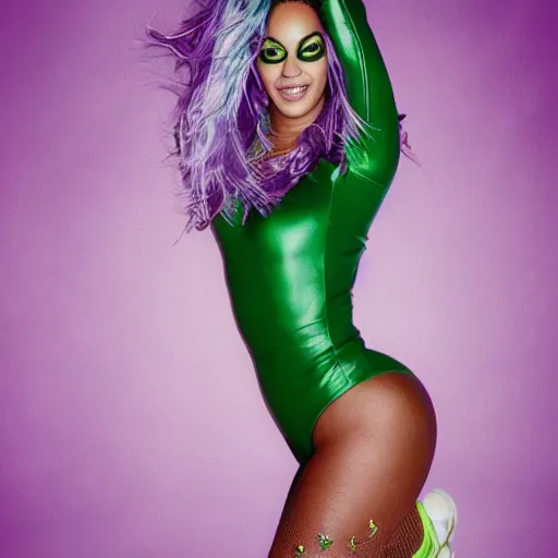 Image similar to Singer Beyoncé with green skin and dark green hair as She-Hulk, white leotard with two purple vertical stripes, green skinned, wearing purple and white fingerless gloves, wearing purple and white sneakers, mini skirt, smiling, photorealistic, sports illustrated, detailed legs, hyperreal, surreal, bokeh, tilt shift photography, green arms, green legs, green face,