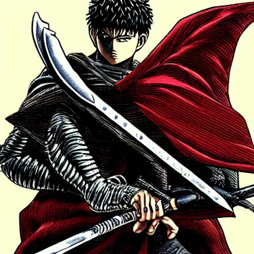 Image similar to Guts, Berserk, in the style of kentaro miura, very detailed, masterpiece, award winning, greatsword, coloured, manga