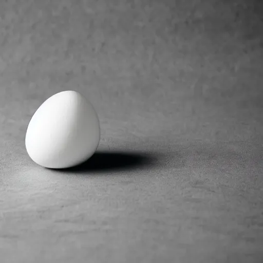 Prompt: a photograph of a hard boiled egg, sitting on top a table, there is a table cloth with an ornate pattern. minimalistic, natural light, depth of field