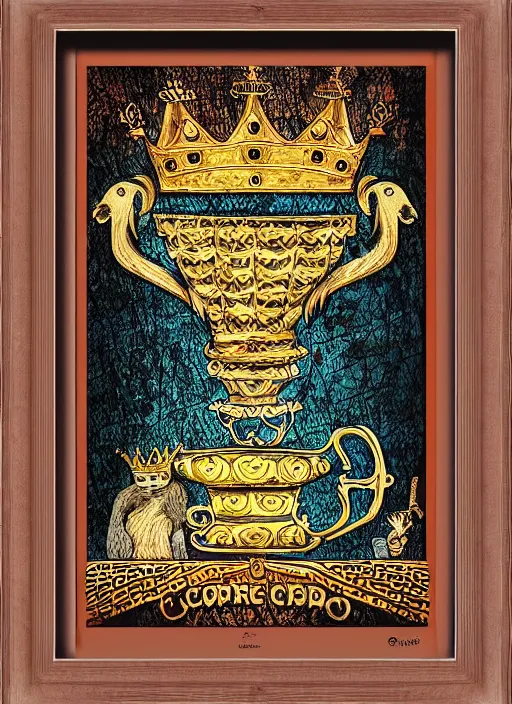 Image similar to sloth as the king of cups, copper cup, coper crown, poster framed, intricate details, medieval art style, high contrast, posterized