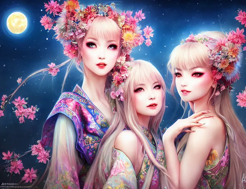 Image similar to two beautiful alluring siberian girls wear fantasy kimono in festival | | sunny night, full moon, dreamlike art, realistic shaded, smile, good looking, hyper details, 4 k realistic, cryengine, realistic shaded lighting poster by artgerm, ross tran, fuji choko, 8 k resolution, trending on artstation, luxury