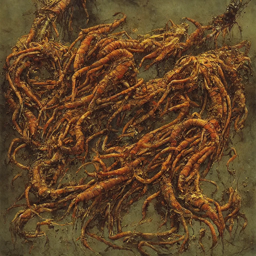 Image similar to rotten food, centipede, beksinski