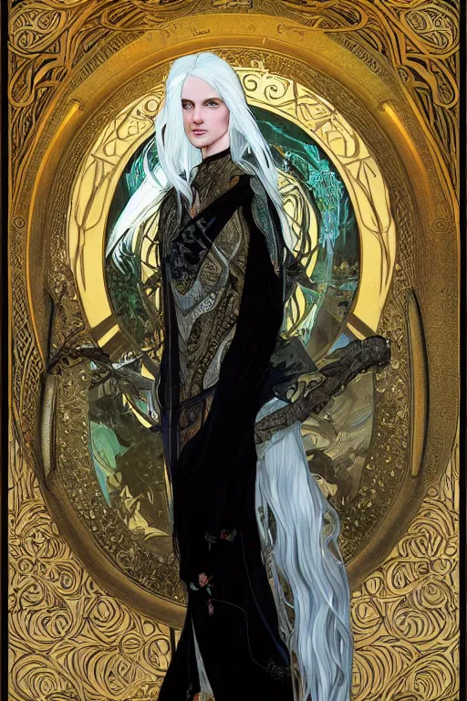 Prompt: tarot card, 4k HD digital full body portrait of beautiful regal elven king, long white hair, black paper, wheel of sigils in the background, by Alphonse Mucha, Craig Mullins, Marc Simonetti, Artstation