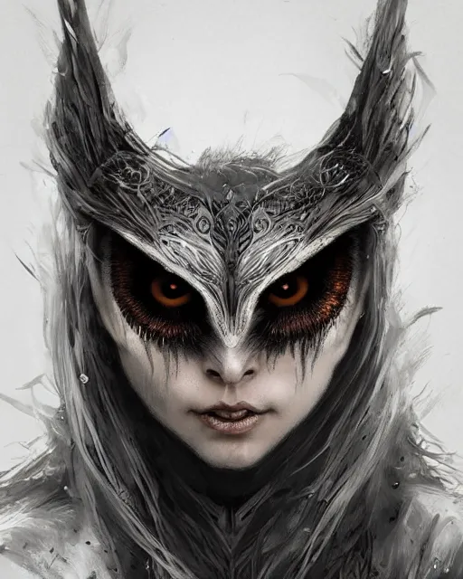 Image similar to half human half owl woman warrior, hyper realistic face, beautiful eyes, fantasy art, in the style of greg rutkowski, intricate, hyper detailed, smooth