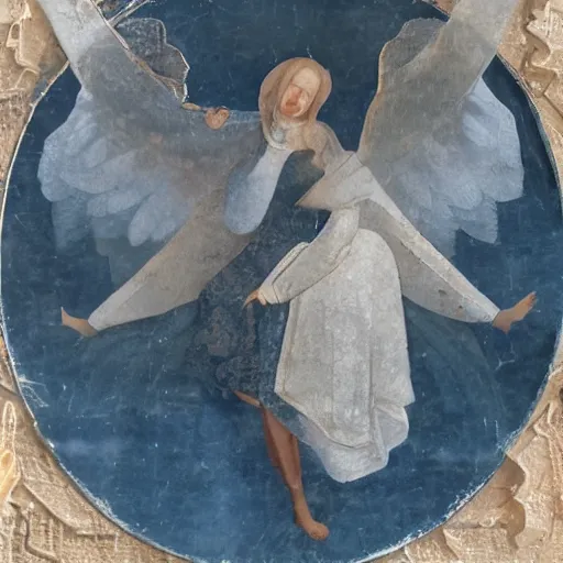 Image similar to realistic medieval painting portrait of white angel with clean narrow face like noface, 3 / 4, miracle light coming up from the head up and up, misty space, grace and blessing, by gucci maze, renaissance, christianity, marble stone, glow effect, white background