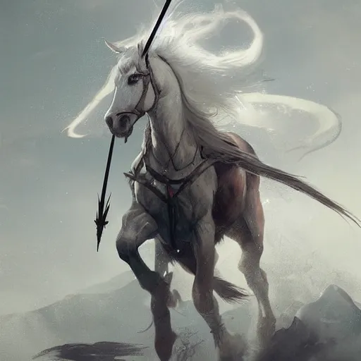 Prompt: a white horse The one who rode him carried arrows and a bow in his hand, and they gave him a crown, digital Art, Greg rutkowski Trending artstation