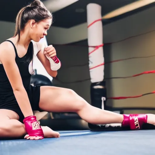 Image similar to a girl getting her leg hurt because of kickboxing