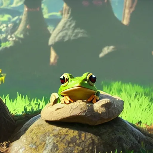 Image similar to a warrior frog atop a mushroom in breath of the wild