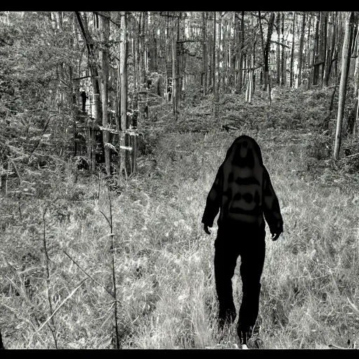 Image similar to Skinwalker unknown terrifying creature staring into trailcam footage, realistic, film grain, dark