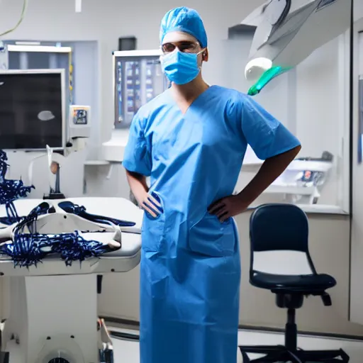 Prompt: A high resolution photograph of a surgeon standing in an operating room, surrounded by new technology, infused with lightning, very aesthetic, wearing surgical mask, surgical gown and scrubs on, full length, exquisite detail, post-processing, masterpiece, cinematic