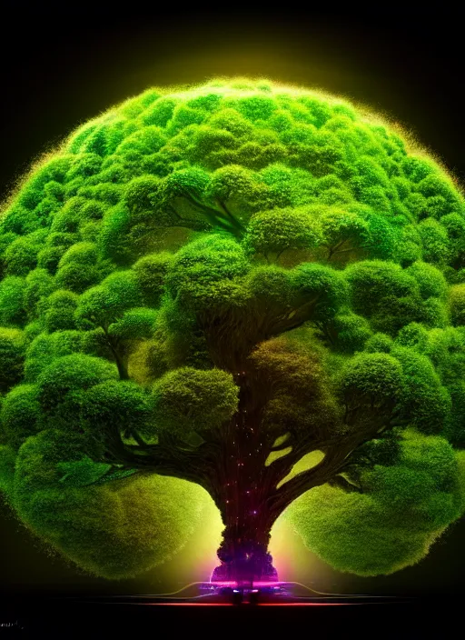 Image similar to high depth, collective civilization tree, calm, healing, resting, life, hybrids, scifi, glowing lights, published concept art, art in the style of all and none and everything and infinity, macro tilt shift