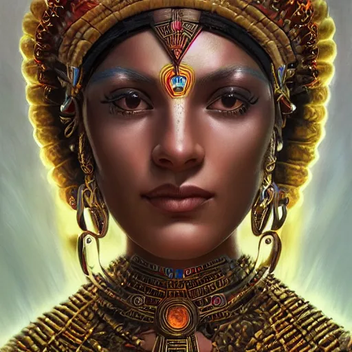 Prompt: photorealistic portrait of beautiful female aztec goddess, cinematic, complex, highly atmospheric lighting, trending on artstation, golden ratio, rule of thirds, highly detailed, ornate, claudio bravo, alex grey, greg rutkowski, in the style of marvel comics, artgerm, frank bairstow, james cameron, ridley scott