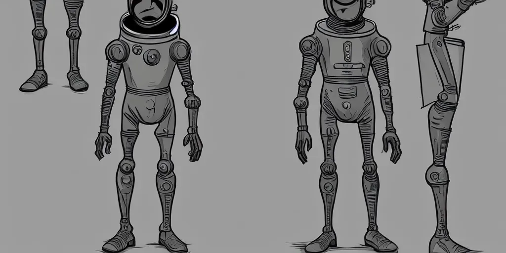 Image similar to male, fully body, elongated figure, science fiction space suit with a helmet, large shoulders, short torso, long thin legs, tiny feet, character sheet, funko, digital sketch, hyperdetailed, dieselpunk, stylized character design, concept design, in the style of mike mignola