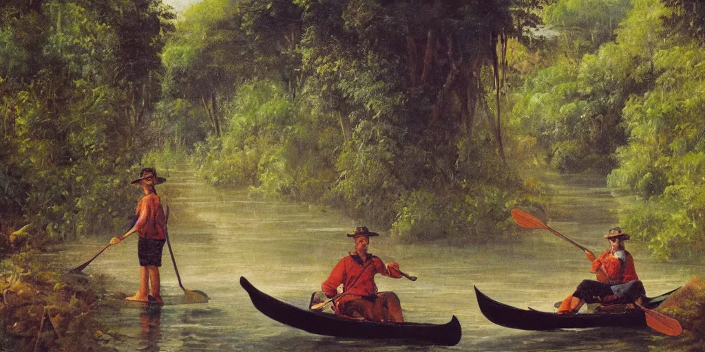 Prompt: painting of a gondola paddling through a river in the jungle