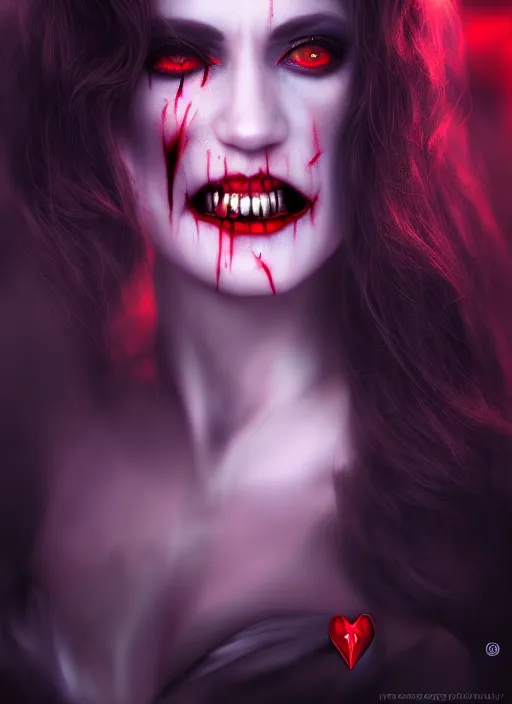 Image similar to realistic matte painting, full length portrait, the duchess of blood owns the las vegas strip, vampire, night, fangs, highly detailed, CGsociety, concept art, HDR, hyper realistic, volumetric lighting, subsurface scattering, unreal