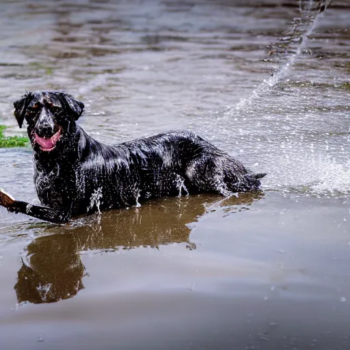 Prompt: Photorealistic photograph of a dog splashing in a puddle, photorealism, photorealistic, realism, real, highly detailed, ultra detailed, detailed, shutter speed 1/1000, 60mm Focal Length, Canon EOS 90D, Optical Camera, Wildlife Photographer of the Year, Pulitzer Prize for Photography, 8k