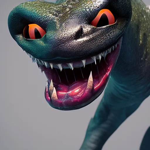 Image similar to realistic toothless, bioluminescent, detailed, studio shot, unreal engine 5, octane, high definition, smooth, artstation, behance