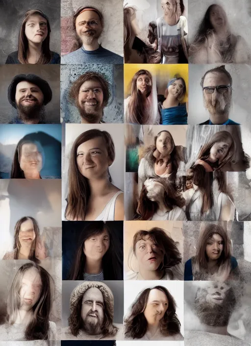 Prompt: group portraits, groups of happy humans imagining large beautiful images, text morphing into objects, highly detailed, super realistic, perfect lighting pixel sorting