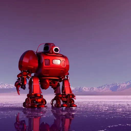 Prompt: a very, very, very, very, very, very, big, giant shiny robot made out of red retro refrigerators walking on an icy salt flats, dark mountains in the distance, octane render, unreal engine, sharp, daylight, shiny, shiny, shiny, trending in artstation, highly detailed, 4K UHD