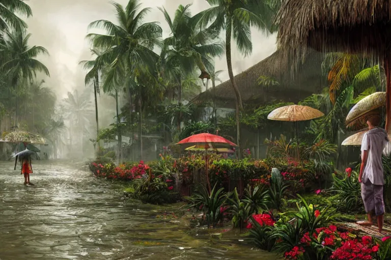 Image similar to ultra realistic illustration, photo, monsoon on tropical island, ornate, beautiful, atmosphere, vibe, mist, coconuts, rain, wet, pristine, puddles, melting, dripping, creek, bridge, forest, roses, flowers, by stanley artgerm lau, thomas kindkade, art gta 5 cover