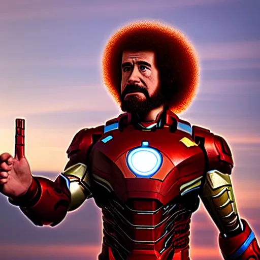 Image similar to a still of Bob Ross as Ironman. Magic Hour. Professional photography, 4K. Mood