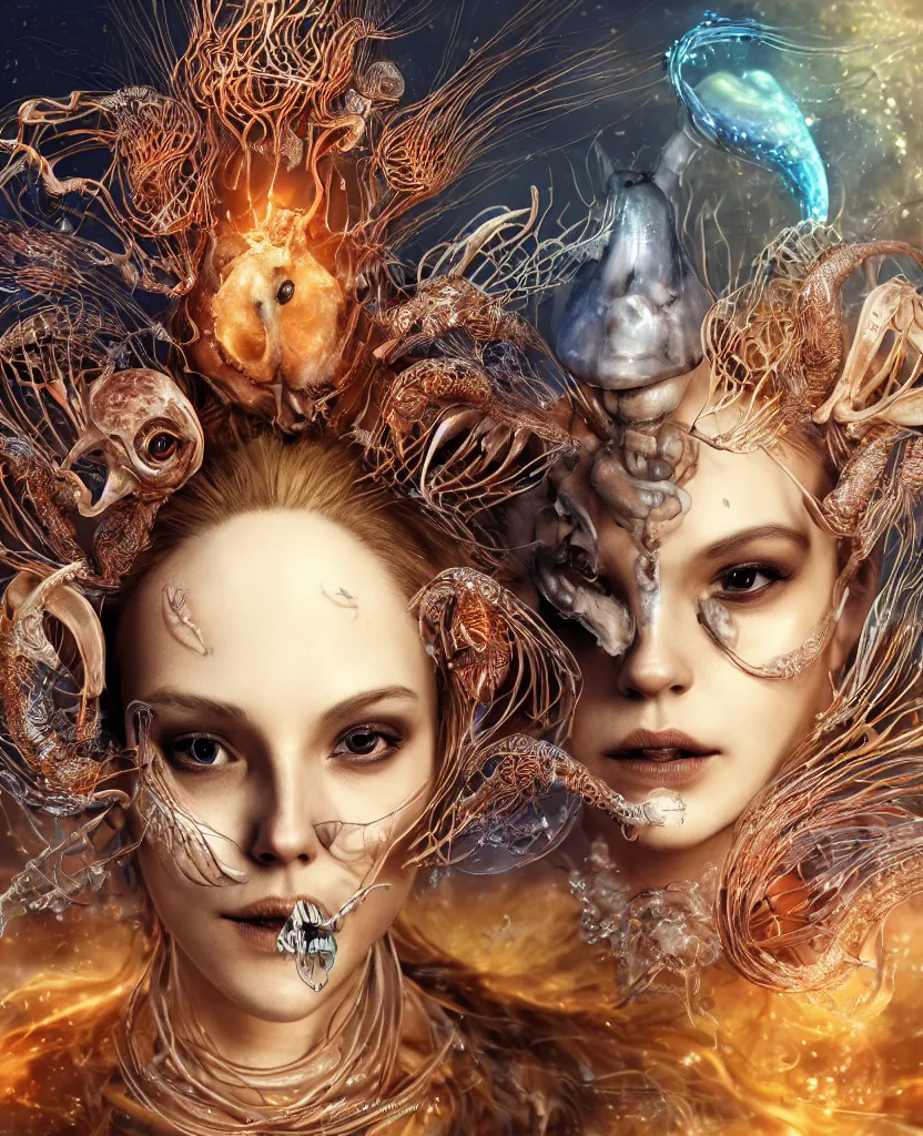 Image similar to close-up macro portrait of the face of a beautiful princess with animal skull mask, epic angle and pose, symmetrical artwork, 3d with depth of field, blurred background, cybernetic jellyfish female face skull phoenix bird, translucent, nautilus, energy flows of water and fire. a highly detailed epic cinematic concept art CG render. made in Maya, Blender and Photoshop, octane render, excellent composition, cinematic dystopian brutalist atmosphere, dynamic dramatic cinematic lighting, aesthetic, very inspirational, arthouse. y Greg Rutkowski, Ilya Kuvshinov, WLOP, Stanley Artgerm Lau, Ruan Jia and Fenghua Zhong