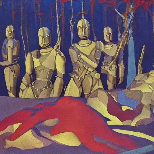 Image similar to a naturalist vintage painting of shining metal medieval armors soldiers lying on the ground by nicholas roerich by gustave moreau, by eyvind earle by bruce pennington by georgia o keeffe, blood, skin reflective metallic