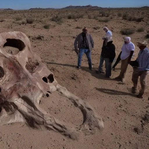 Prompt: Paleontologists finding a gigantic skull in the desert