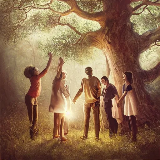 Image similar to A beautiful painting of a group of people gathered around a large tree in a forest. The tree is surrounded by a bright light, and the people appear to be looking up at it in wonder. dandelion by Sacha Goldberger