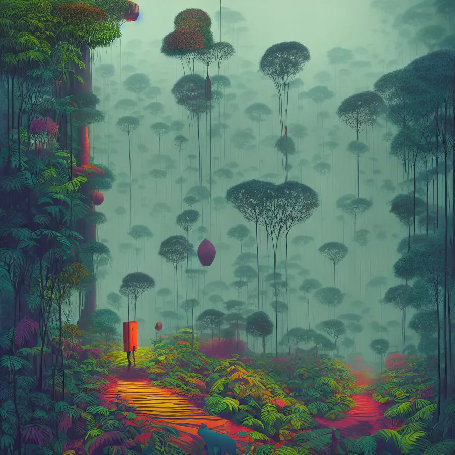 Prompt: surreal gediminas pranckevicius, malaysia jungle, summer morning, very coherent and colorful high contrast art by james gilleard james gurney floralpunk screen printing woodblock, dark shadows, pastel color, hard lighting, stippled light, art nouveau, film noir