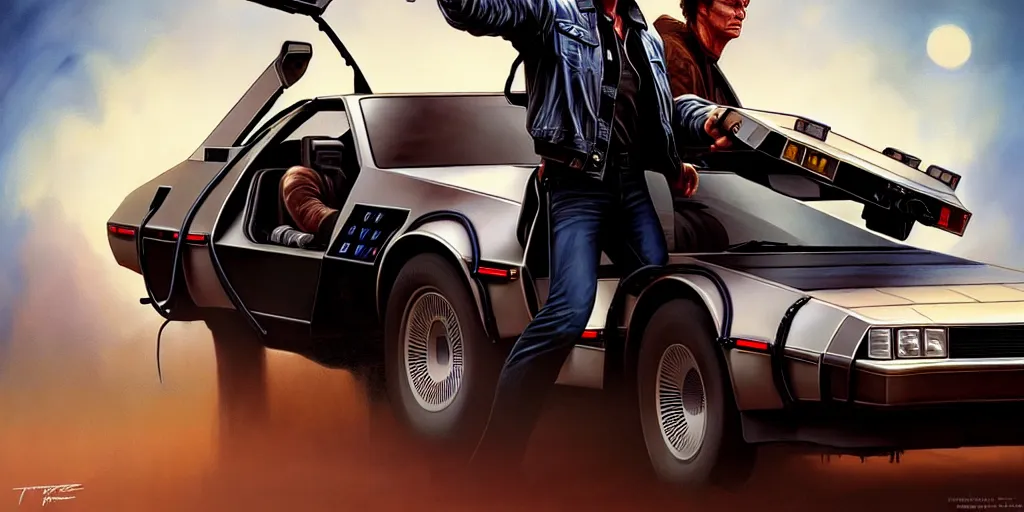 Image similar to the terminator and marty mcfly drive the delorean to the wild west, highly detailed, digital painting, artstation, concept art, matte, sharp focus, illustration, art by artgerm and greg rutkowski and alphonse mucha