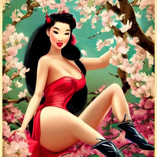 Prompt: pin - up portrait of a beautiful young mulan, pretty long hair, cherry blossoms, intense flirting, showing curves, symmetrical face, digital art, smooth, extremely detailed, model pose, by wu bayard, by gil elvgren, by ralph horsley, by hanks steve