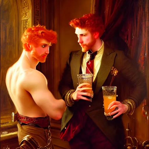 Image similar to attractive male mike with ginger hair and attractive male tyler with brunet hair, drinking their hearts out, in their noble mansion, at night. highly detailed painting by gaston bussiere, craig mullins, j. c. leyendecker 8 k