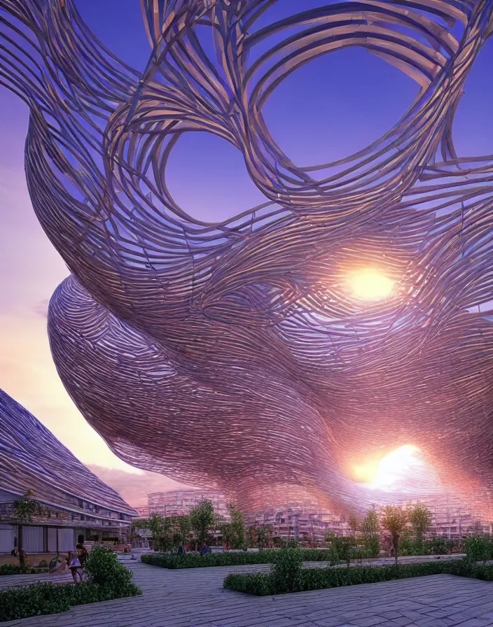 Image similar to vincent callebaut architectures, hyper realistic stunning volumetric lighting sunset