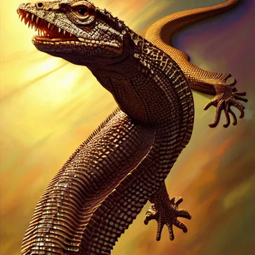 Image similar to fullbody!! dynamic action pose, jesus as a scaly cold blooded reptilian lizard, intricate, humorous, holy cross, absurd, highly detailed, digital painting, artstation, concept art, smooth, sharp focus, illustration, art by artgerm and greg rutkowski and alphonse mucha