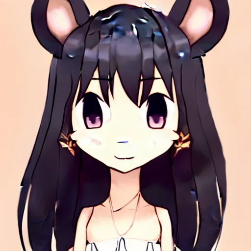 Image similar to headshot of young maple story female mouse, maple story, cute, fantasy, intricate, long hair, dark grey skin, mouse face, maplestory mouse, dark skin, mouse head, mouse ears, black hair, elegant, cartoony, maplestory Deviantart, maplestory character, character art of maple story, smooth, sharp focus, illustration, art by maplestory