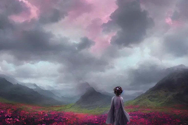 Image similar to giant dahlia flower crown under head, girl walking on mountain, surreal photography, pink and grey storm clouds, dramatic light, impressionist painting, digital painting, artstation, simon stalenhag