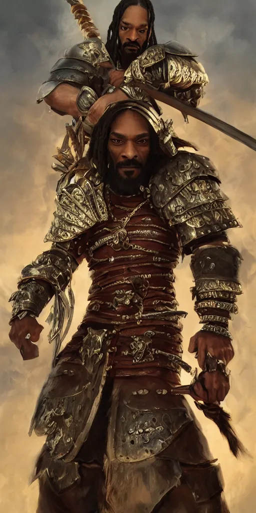 Image similar to snoop dogg as a barbarian, short beard, grumpy, plate armor, Ivan Aivakovsky, epic fantasy character art, D&D Concept Art, magic the gathering, full length, ultra Realistic, Regal, Refined, Detailed Digital Art, Exquisite detail, post-processing, masterpiece, Cinematic Lighting, Unreal Engine, 8k, HD,