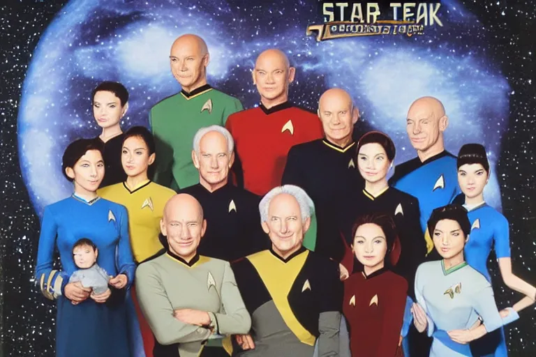 Image similar to star trek next generation enterprise - d bridge crew, captain picard in center, family portrait, in style of studio ghibli