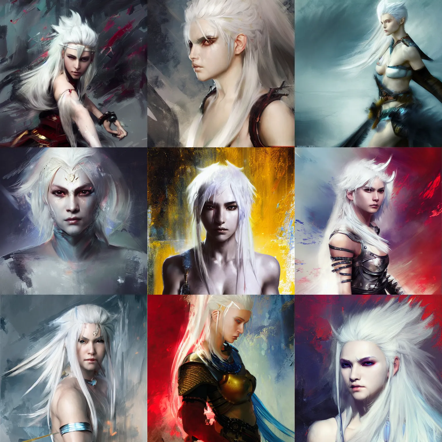 Prompt: warrior princess with white hair full shot, by Ruan Jia and Vergil hoo, abstract background