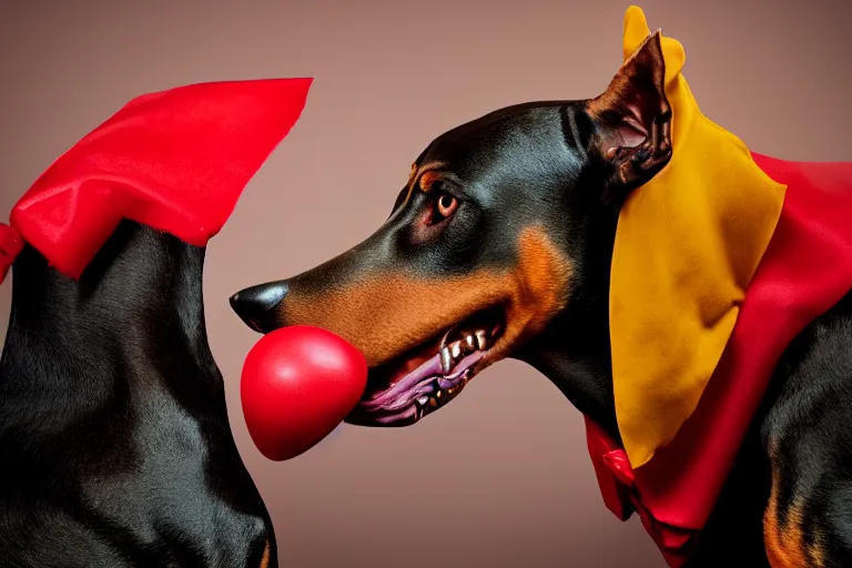 Image similar to side profile profile of a snarling doberman wearing clown makeup and a red rubber nose, 4 k, hdr color