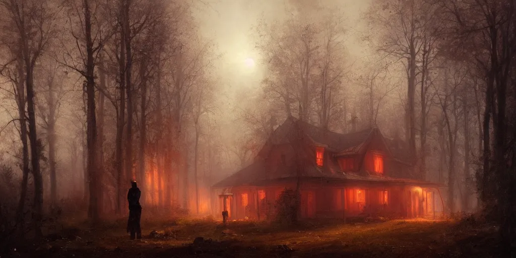 Image similar to an old house with red light on from the windows during the night in a forest, a men stand up in front of the house, mystical fog, oil on canvas, art by andreas achenbach, clemens ascher, tom bagshaw and sabbas apterus,