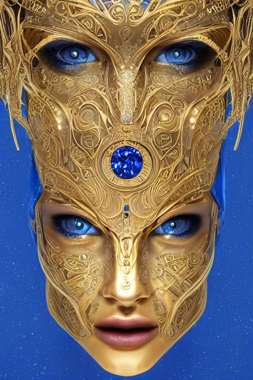 Prompt: an intricate, detailed face of an android, golden skin with embedded gemstones, bright blue eyes, trending on artstation, 4k, art nouveau