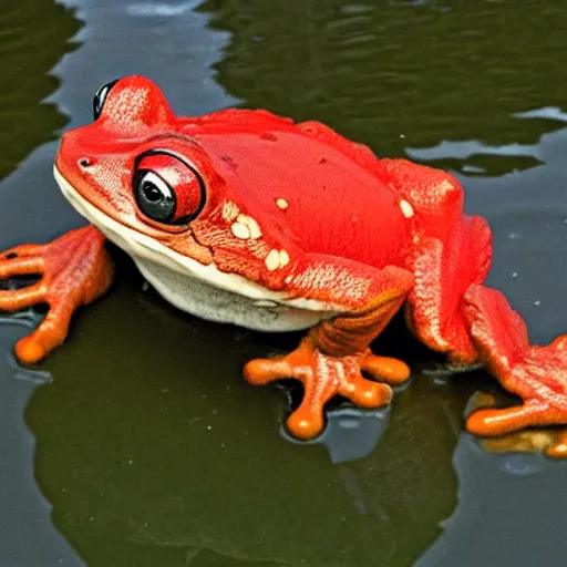 Image similar to a giant red frog as big as a building