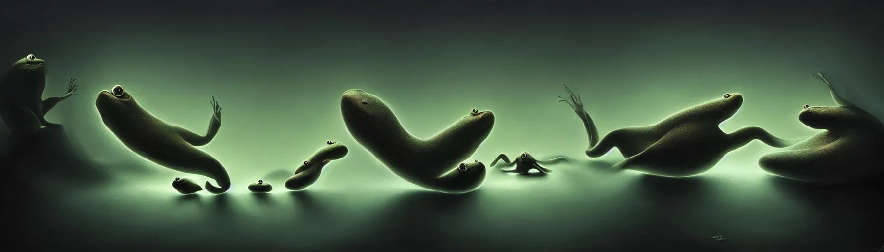 Prompt: whimsical tadpole creatures shaped like yinyangs from the depths of the collective unconscious, dramatic lighting, surreal darkly painting by ronny khalil