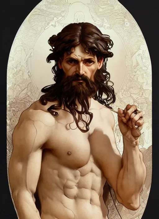 Prompt: 3 / 4 ancient greek man, painted by artgerm and greg rutkowski and alphonse mucha. clear highly detailed face, beautiful art