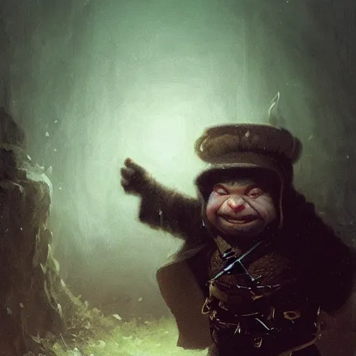 Image similar to small pale cowardly dwarf man wearing dark cloak, portrait, funny artwork, scared smile, close shot, round face, fantasy artwork, dnd, high fantasy, by karl spitzweg, whimsical