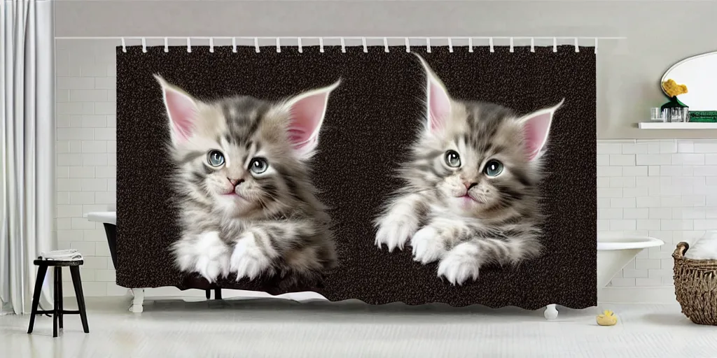 Prompt: a ( ( ( ( ( maine coon kitten ) ) ) ) ) baby yoda artwork themed shower curtain, shower curtain. product photography. product lighting. digital art. 4 k, highly detailed. saturated.