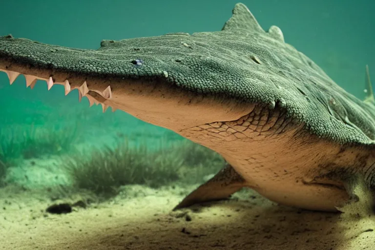 Image similar to a crocodile shark!!! hybrid! hyper realistic!! realistic lighting!! wildlife photographer of the year!!! bold natural colors, national geographic, hd, wide angle, 8 k